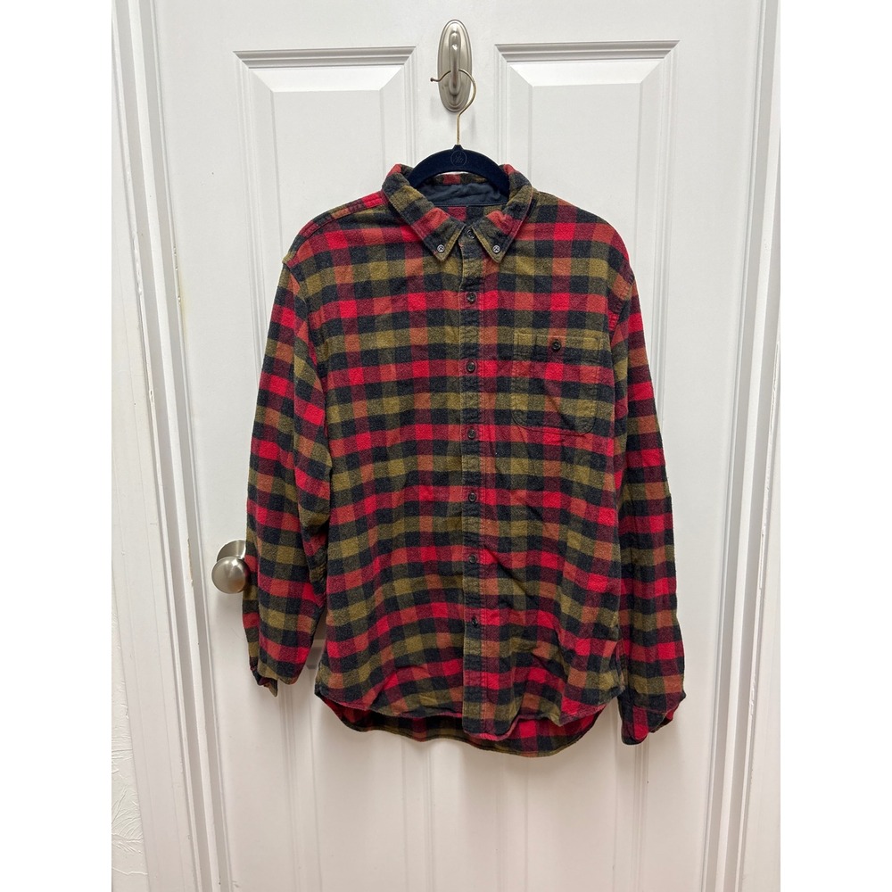 J.Crew Mens Large Red Olive Buffalo Check Cotton Wool Flannel Elbow Patch Shirt